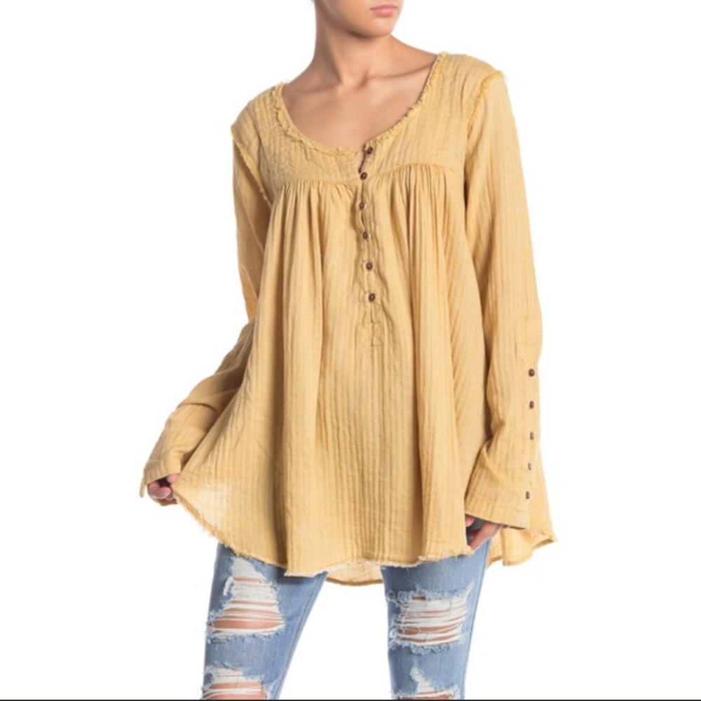 We The Free Sand Dune Henley Boho Flowy Top Soft Golden Yellow Gauzy Frayed Hem